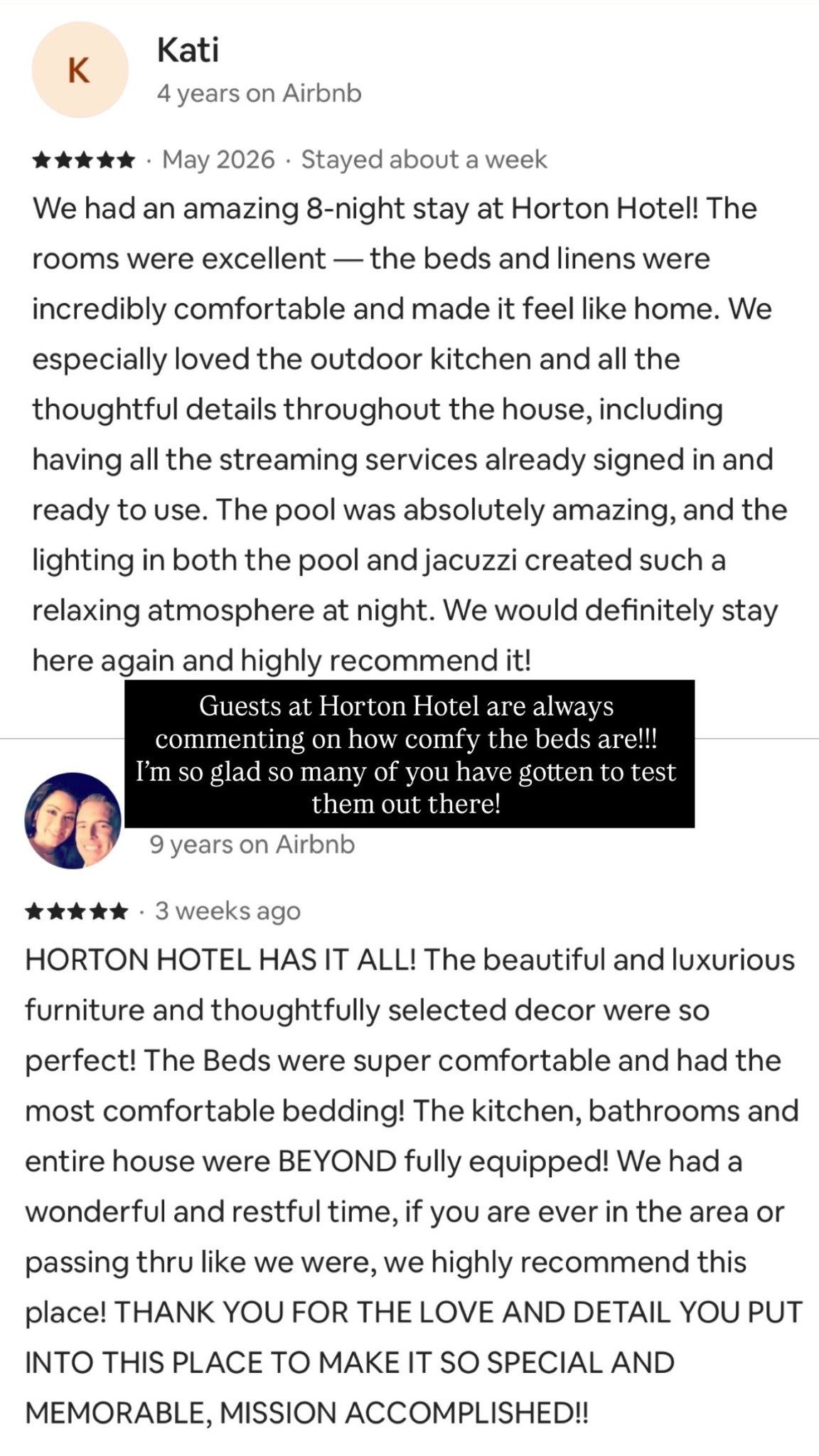 Guests at Horton Hotel are always commenting on how comfy the beds are!!! 
I’m so glad so many of you have gotten to test them out there!