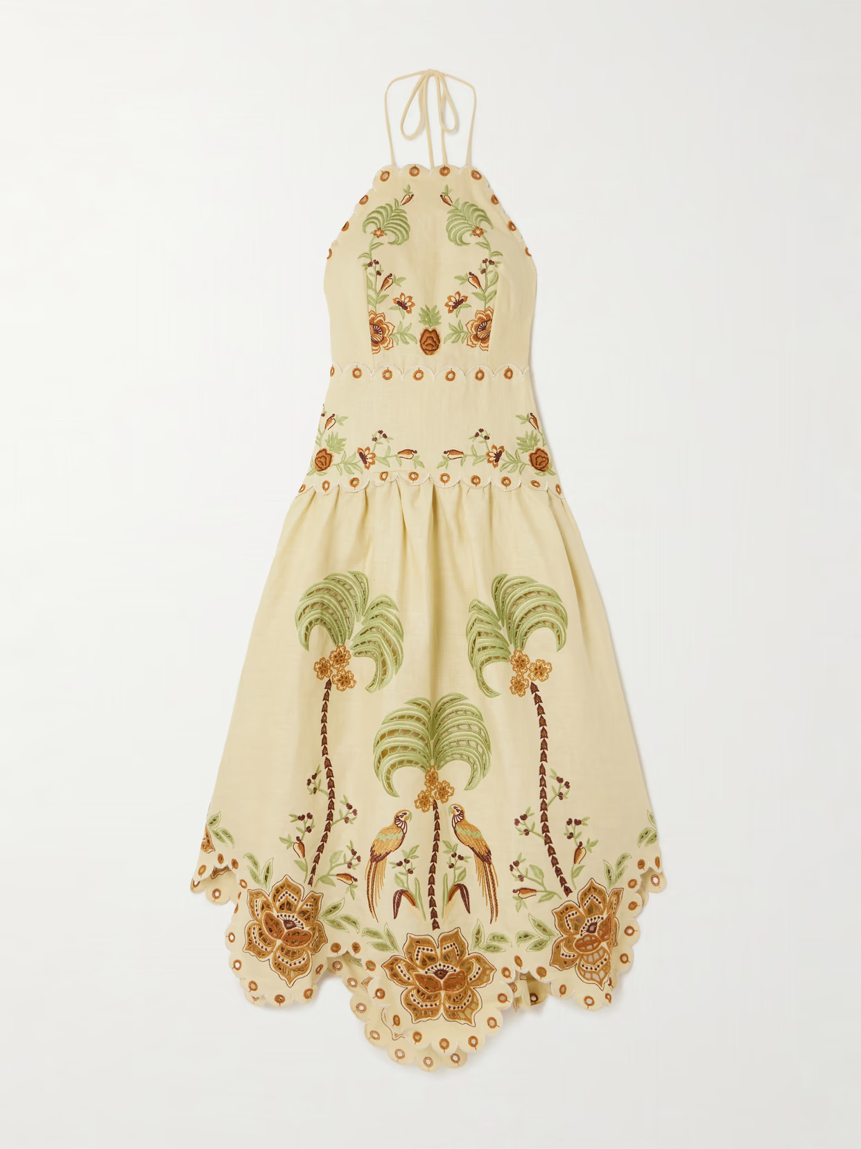 Farm Rio - Scalloped Broderie Anglaise Linen Halterneck Dress - Neutrals | NET-A-PORTER (US)