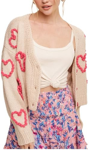 Cute Galentines Sweaters Cut Out Heart Button Down Sweater Cardigan with Love Hearts Knitted Top Shirt Cardigans for Women | Amazon (US)