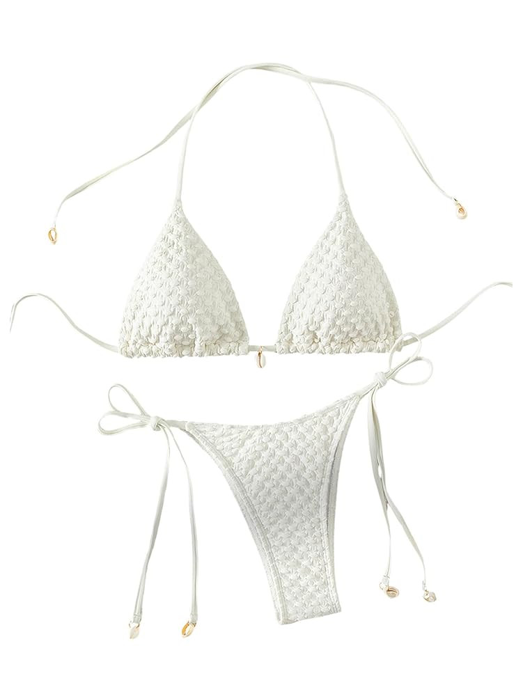 SHENHE Women's 2 Piece Halter Swimsuit Textured Tie Side Triangle Bikini Bathing Suit | Amazon (US)
