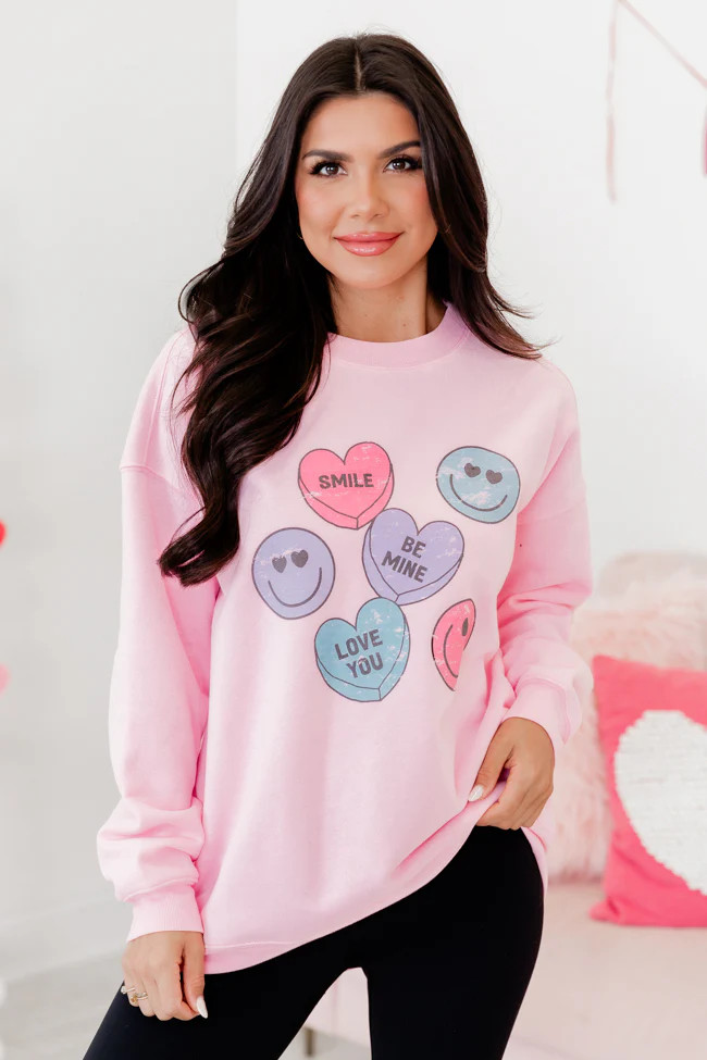Candy Hearts Light Pink Oversized Graphic Sweatshirt | Pink Lily