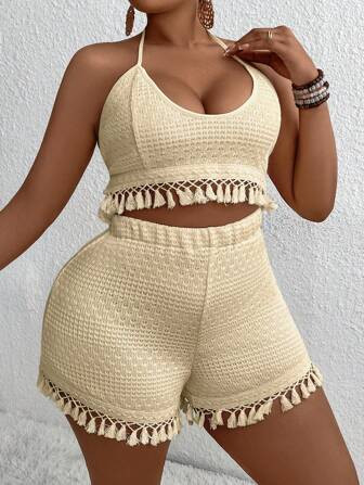 SHEIN VCAY Women's Plus Size Solid Color Tassel Embellished Tight-Fitting Set4.60(10) | SHEIN