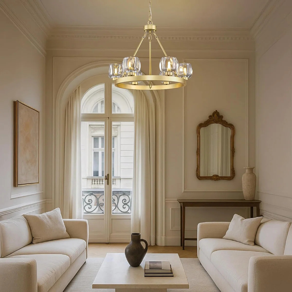 6 - Light Modern Farmhouse Gold Wagon Wheel Chandelier Round Pendant Lights With Glass Shades | Wayfair North America