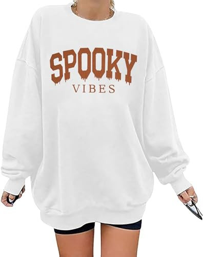 BANGELY Oversized Halloween Sweatshirt Women Vintage Spooky Season Pullover Top Spooky Vibes Letter Print Long Sleeve Shirt White | Amazon (US)