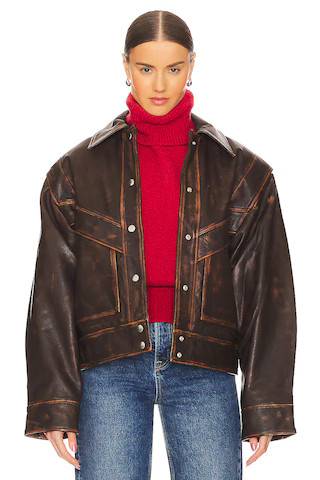 Jayden Distressed Leather Jacket in Dark Brown | Revolve Clothing (Global)