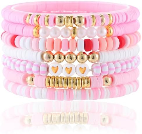 Friendship Bracelets Trendy Heishi Clay Bead Bracelets Stack Gold Beaded Stretch Bracelets for Wo... | Amazon (US)