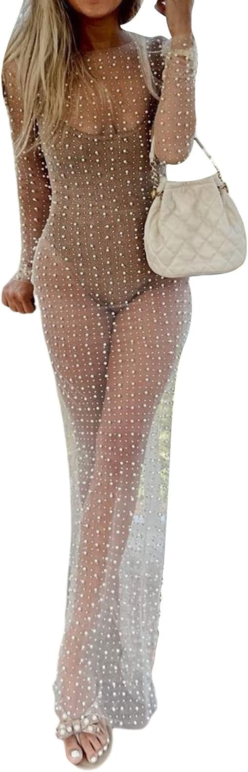 Honganda Sexy Women's Sheer Mesh Pearl Rhinestone Cover Up Dress Beach Swimwear Bikini Bathing Su... | Amazon (US)