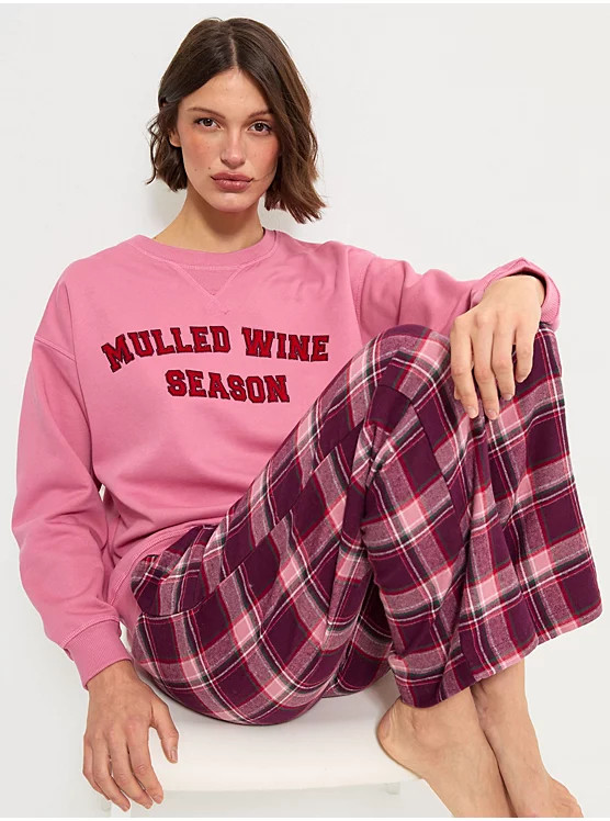 Pink Mulled Wine Season Sweatshirt Checked Pyjamas | George at ASDA