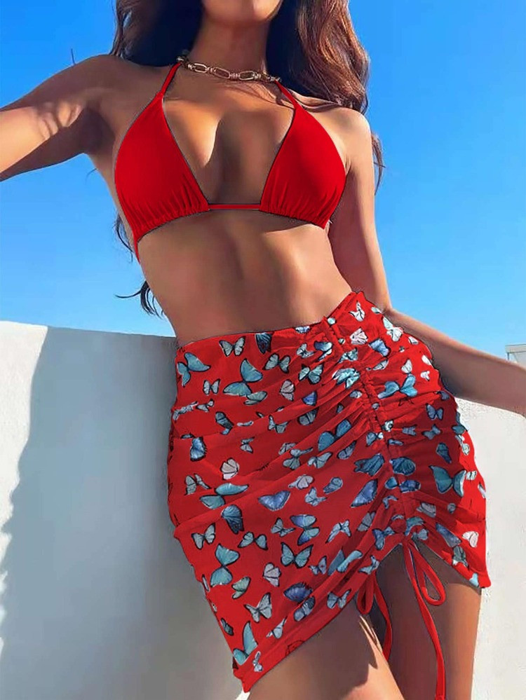 3pack Triangle Bikini Swimsuit & Butterfly Print Beach Skirt | SHEIN