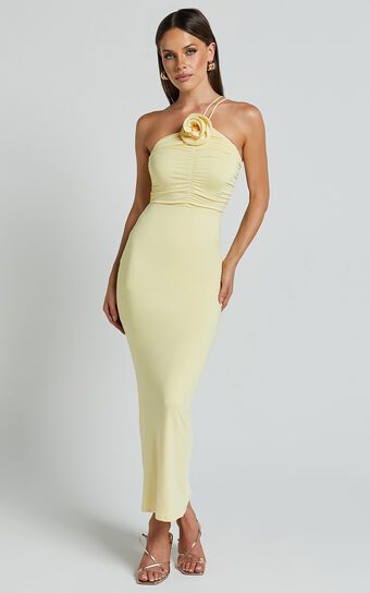 Teagan Midi Dress - Bodycon Ruched Asymmetric Strap Rosette Dress in Lemon | Showpo (US, UK & Europe)