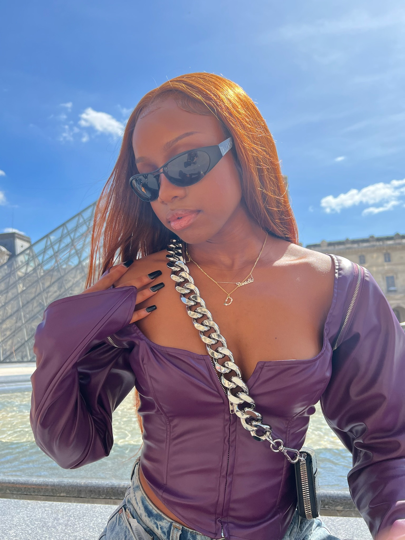 Chic going out / day time outfit, purple shirt, gucci sunglasses, chain strap bag 

#LTKstyletip #LTKSeasonal #LTKitbag