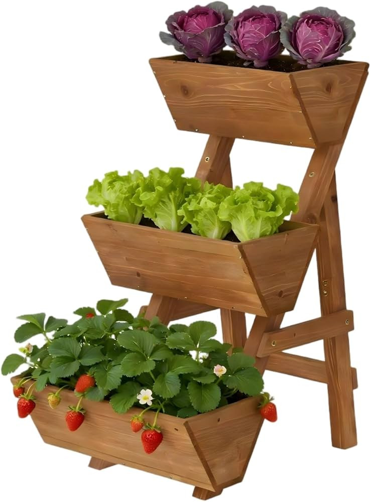 3-Tiers Wooden Raised Garden Bed Planter Box Flower Pots Vertical Garden Planter Wood Plant Stand... | Amazon (US)