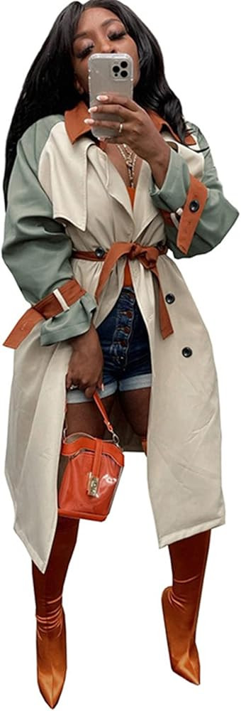 Recious Women Sexy Long Sleeve Lapel Double Breasted Trench Windbreaker Coat Jacket with Belt | Amazon (US)