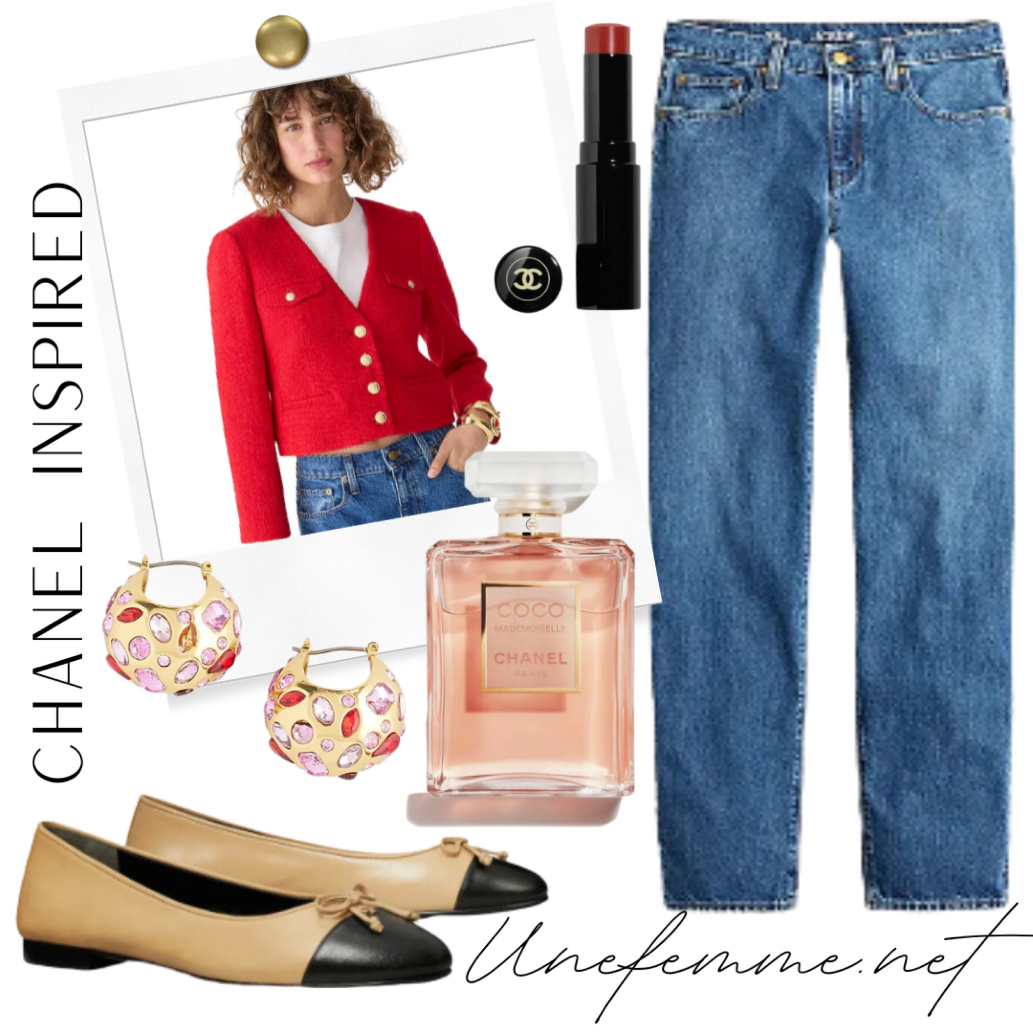 A casual Chanel-inspired look with a tweed jacket, jeans and ballet flats  

#LTKSeasonal #LTKHoliday #LTKover40