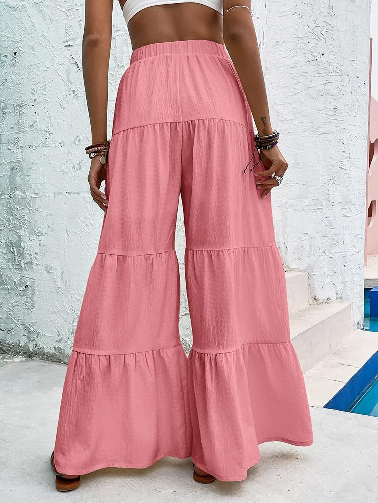 WDIRARA Women's Flowy Boho Elastic High Waist Ruffle Hem Wide Leg Beach Loose Palazzo Pants | Amazon (US)