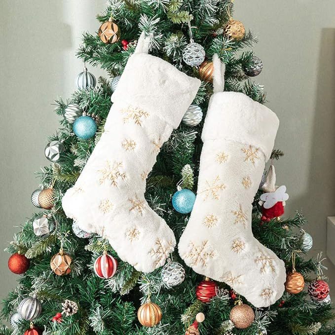 Atiming 2PCS Plush Christmas Stockings White Faux Fur Large 56cm Deluxe Hanging Xmas Stockings wi... | Amazon (US)