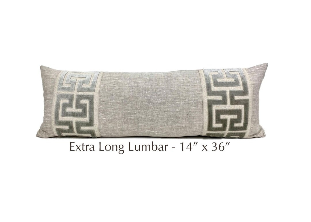 Extra Long Lumbar - 14x36 Oatmeal Linen Pillow Cover With Large Gray Greek Key - Etsy | Etsy (US)