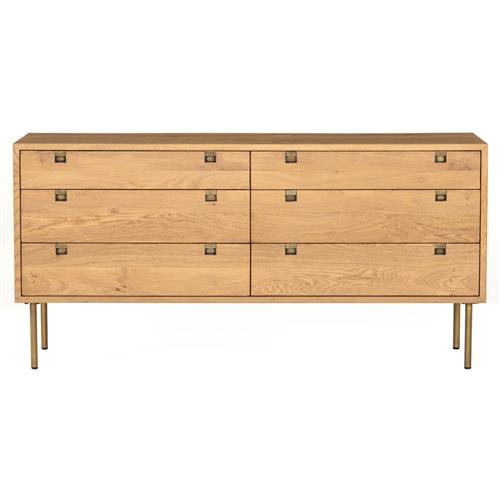 Arlyn Rustic Lodge Natural Brown Solid Oak Wood Brass Iron 6 Drawer Double Dresser | Kathy Kuo Home