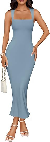 ZESICA Women's Summer Bodycon Midi Dress Sleeveless Square Neck Slim Fit Back Slit Long Cocktail ... | Amazon (US)