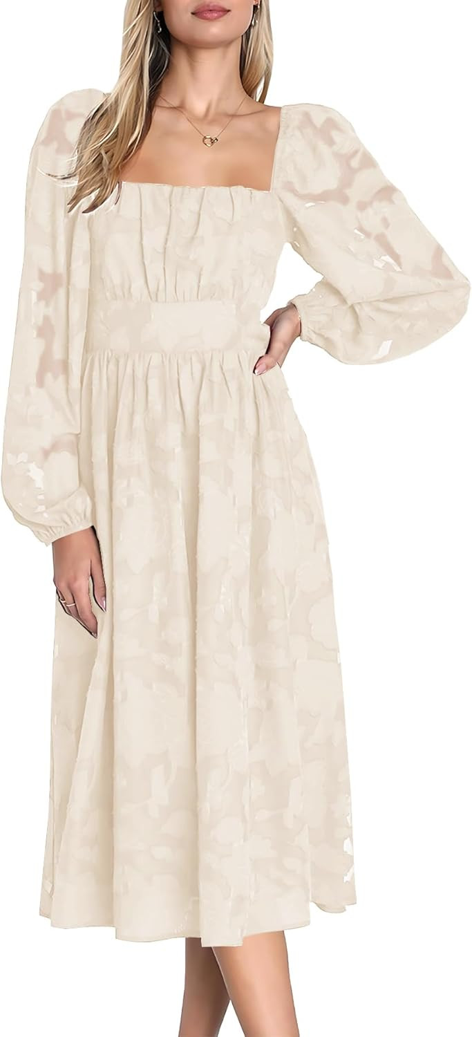 Ferlema Women's 2023 Fall Dresses Floral Lace Long Sleeve Elastic High Waist A Line Flowy Party M... | Amazon (US)