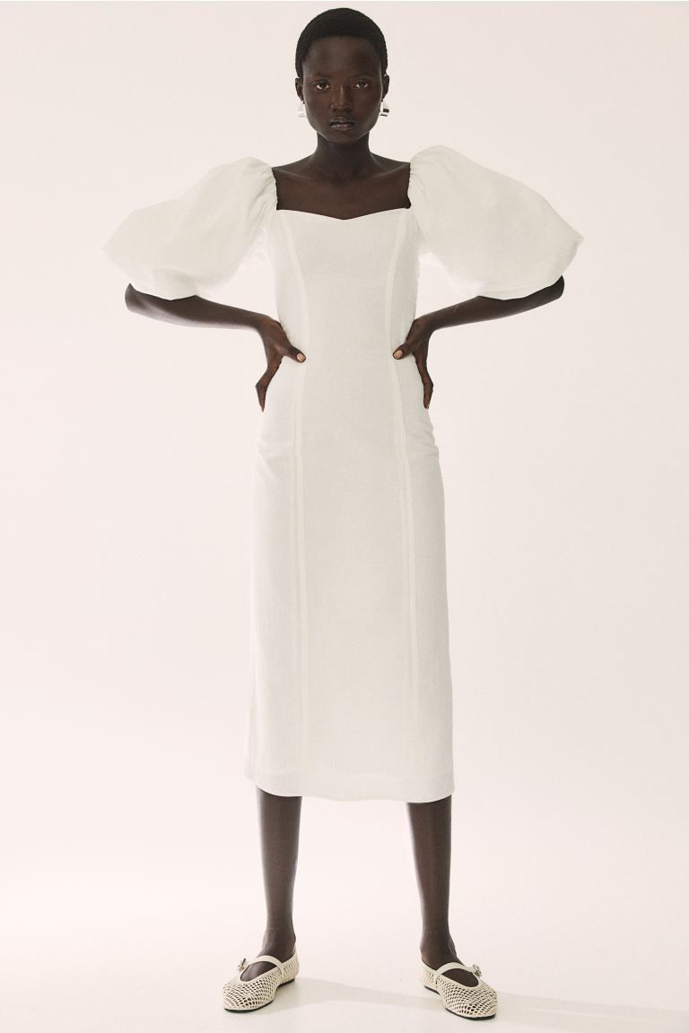 Balloon-sleeved Dress - Sweetheart Neckline - Short sleeve - White - Ladies | H&M US | H&M (US + CA)