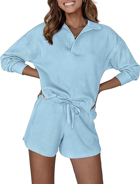 MEROKEETY Women's 2 Piece Waffle Knit Lounge Sets Long Sleeve Shorts Outfits Pjs with Pockets | Amazon (US)