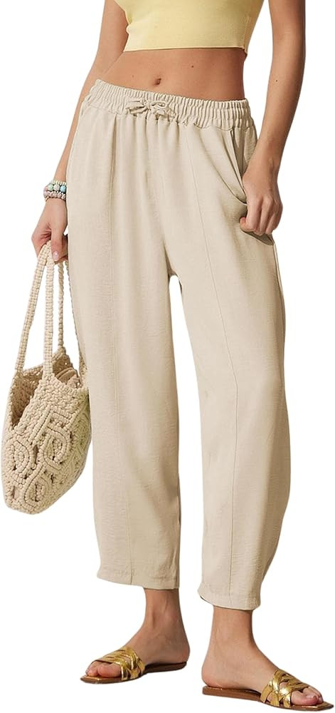 Lviefent Women Wide Leg Capri Pants Casual Elastic Waist Cropped Beach Palazzo Barrel Pants with ... | Amazon (US)