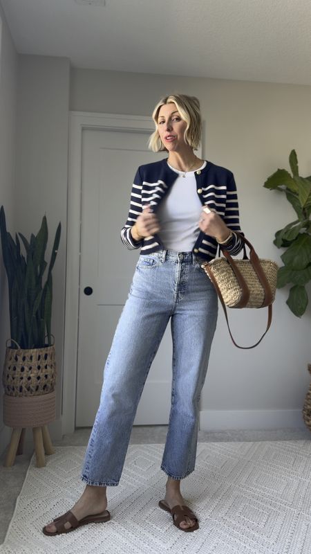 Elevated spring jeans outfit with high neck tank, stripe lady cardigan, leather slides + handbag 

#LTKfindsunder100 #LTKVideo #LTKover40
