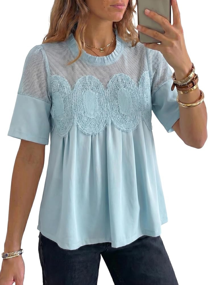 Dokotoo Women's Lace Blouse Elegant Flared Swing Tops Crew Neck Short Sleeve Textured Embroidered... | Amazon (US)