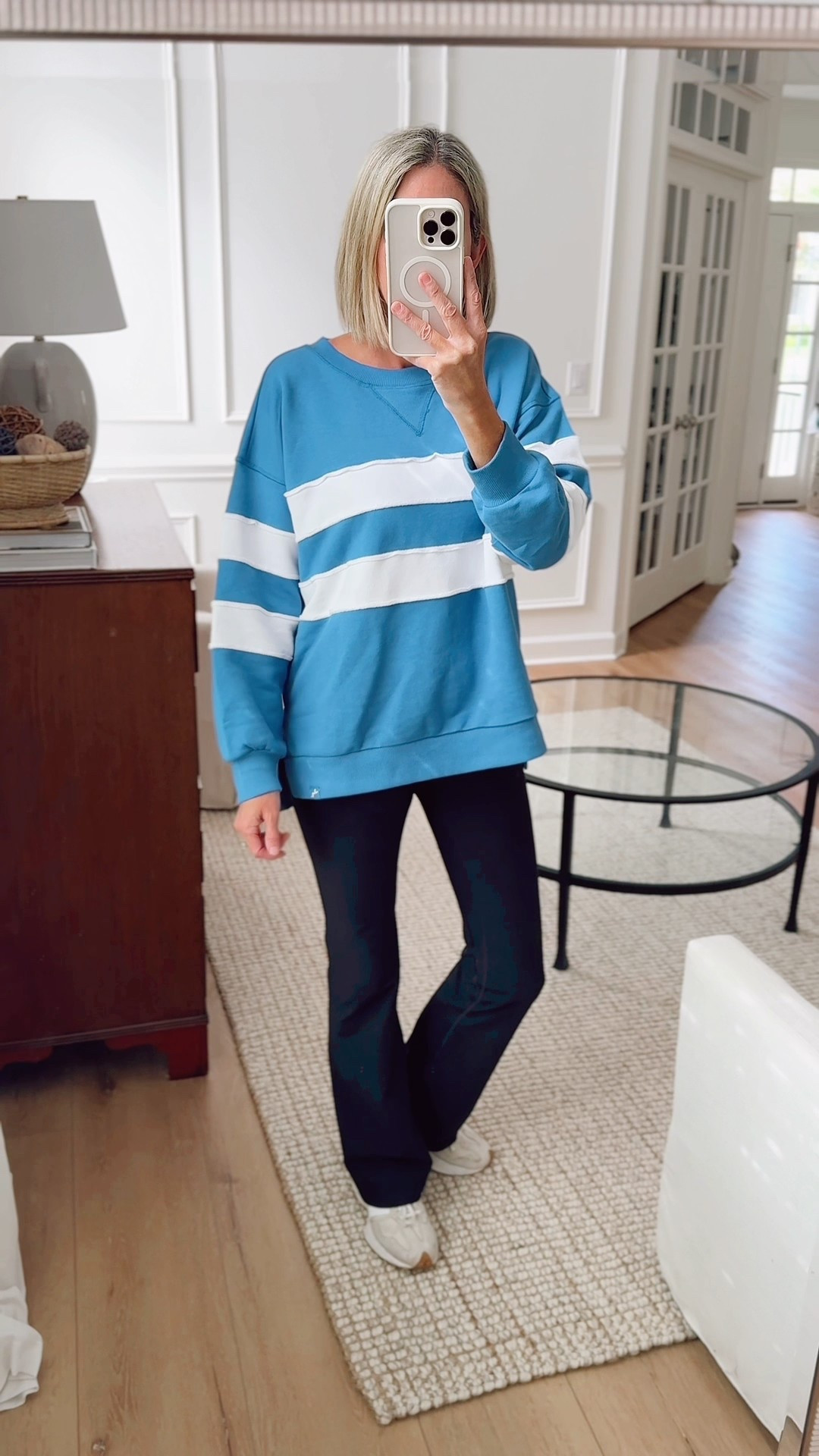 Comfy striped throw on and go sweatshirt - Perfect with leggings or jeans. Longer in the back hides the booty. Wearing a small 

#LTKActive #LTKSeasonal #LTKFindsUnder50