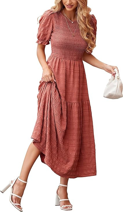 dowerme Womens Summer Dresses 2026 Casual Puff Short Sleeve Crewneck Smocked Flowy Ruffle Boho Be... | Amazon (US)