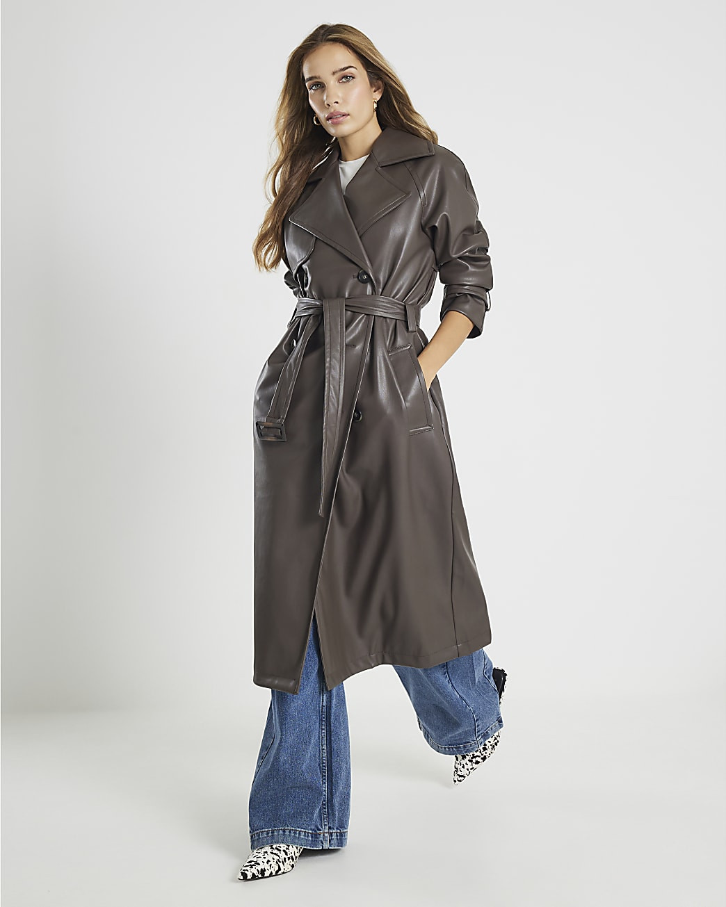 Brown faux Leather Trench Coat | River Island UK & IE