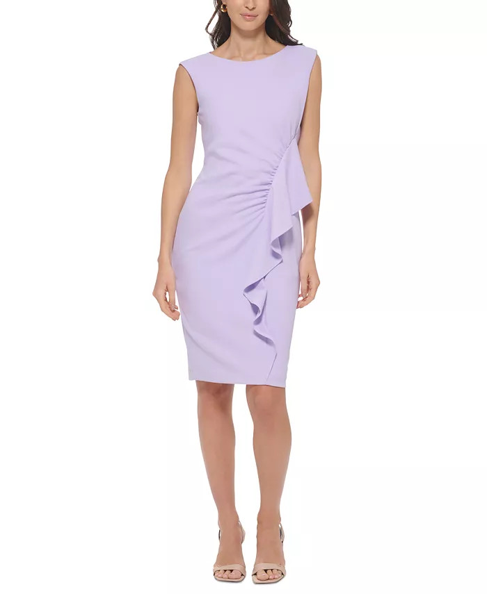 Petite Ruffle-Trim Scuba Sheath Dress | Macys (US)