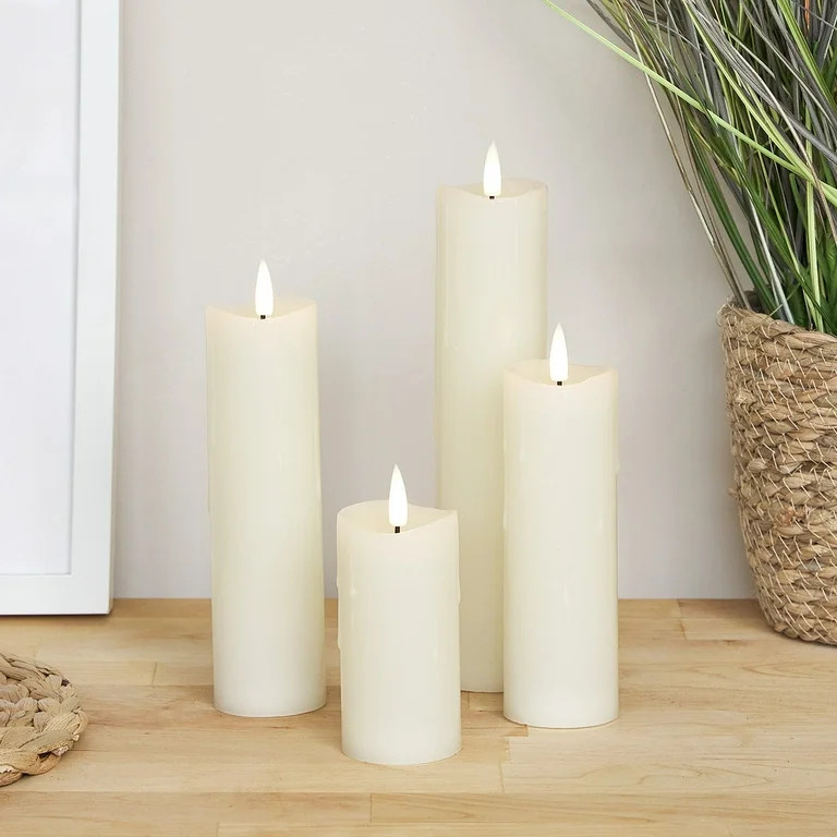 Lights4fun, Inc. Set of 4 TruGlow Ivory Wax Flameless LED Battery Operated Slim Pillar Candles wi... | Walmart (US)