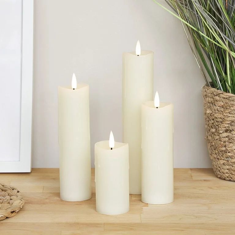 Lights4fun, Inc. Set of 4 TruGlow Ivory Wax Flameless LED Battery Operated Slim Pillar Candles wi... | Walmart (US)