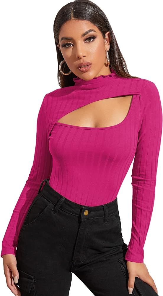 SheIn Women's Ruffle Tops Sexy Basic Slim Fit Cut Out Front Long Sleeve T Shirt | Amazon (US)