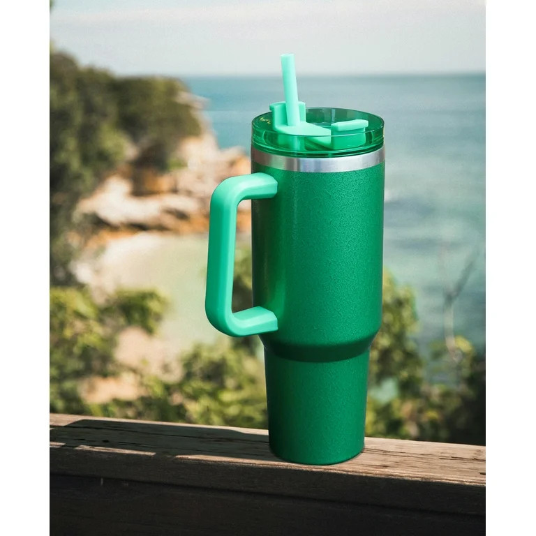 Mainstays 40 oz Stainless Steel Tumbler with Straw and Handle, Double Wall Insulated, Green Hamme... | Walmart (US)