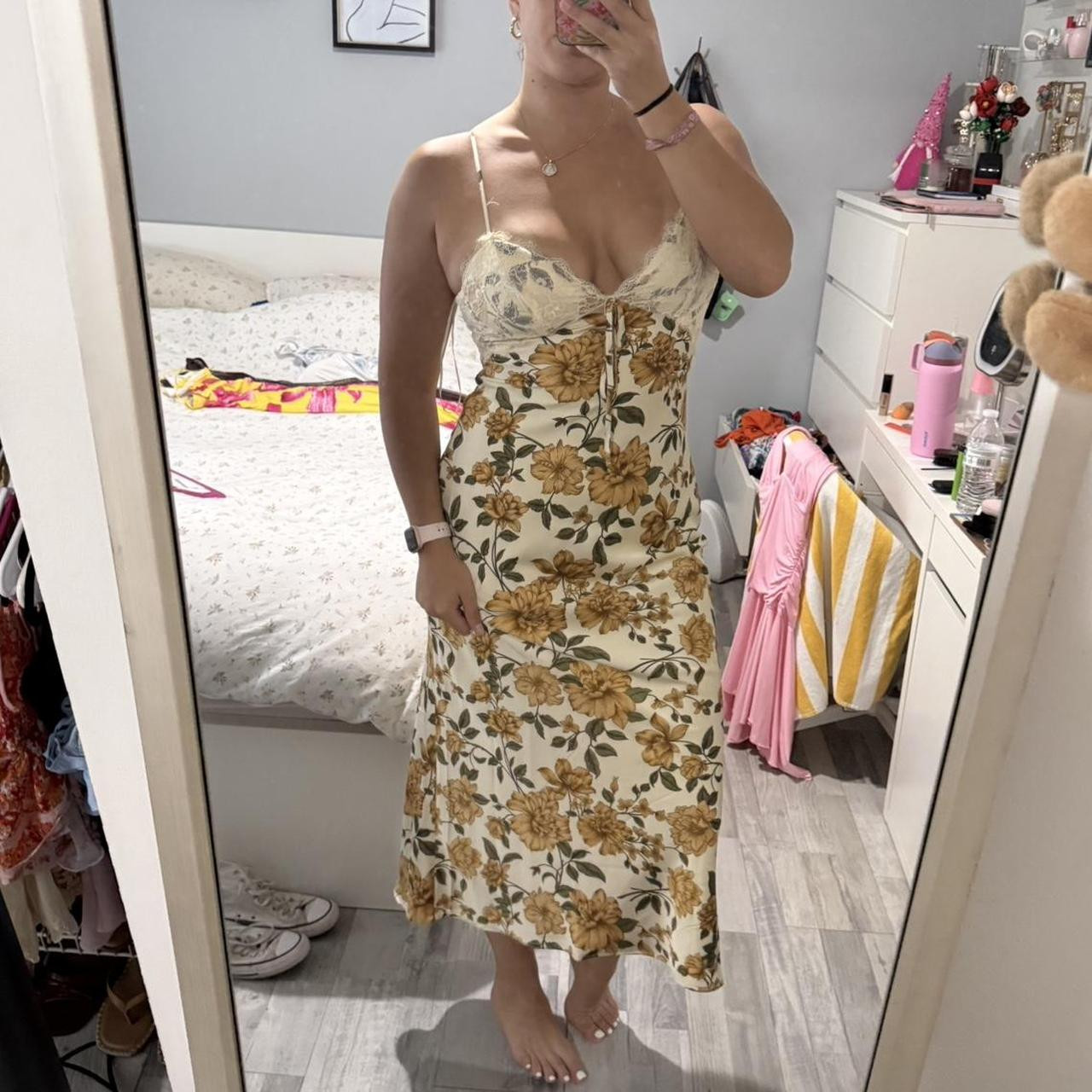 Yellow floral midi dress with lace detail and... | Depop | Depop US