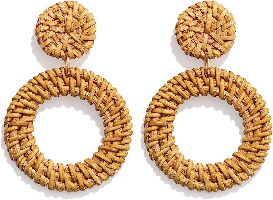 BSJELL Rattan Hoop Earrings Woven Handmade Straw Circle Drop Earrings Hammered Disc Stud Wicker B... | Amazon (US)