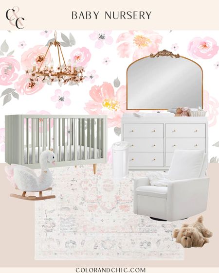 Baby girl nursery inspo! I love the floral wallpaper mixed with the ornate flower chandelier and mirror. So pretty for little girl’s nursery and room. A favorite of mine is the princess swan rocker, too 

#LTKstyletip #LTKhome #LTKbaby