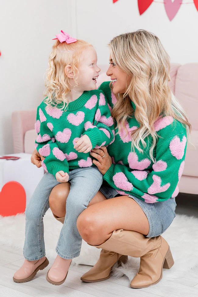 Kid's I'll Be There Green Fuzzy Heart Sweater | Pink Lily
