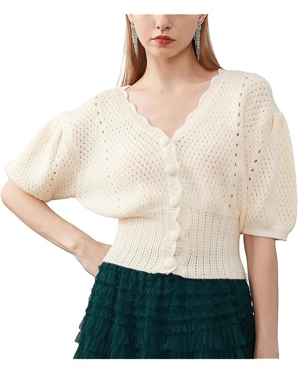 Women's Puff Short Sleeve Sweater V-Neck Button Knit Tops Crochet Soft Knitwear | Amazon (US)