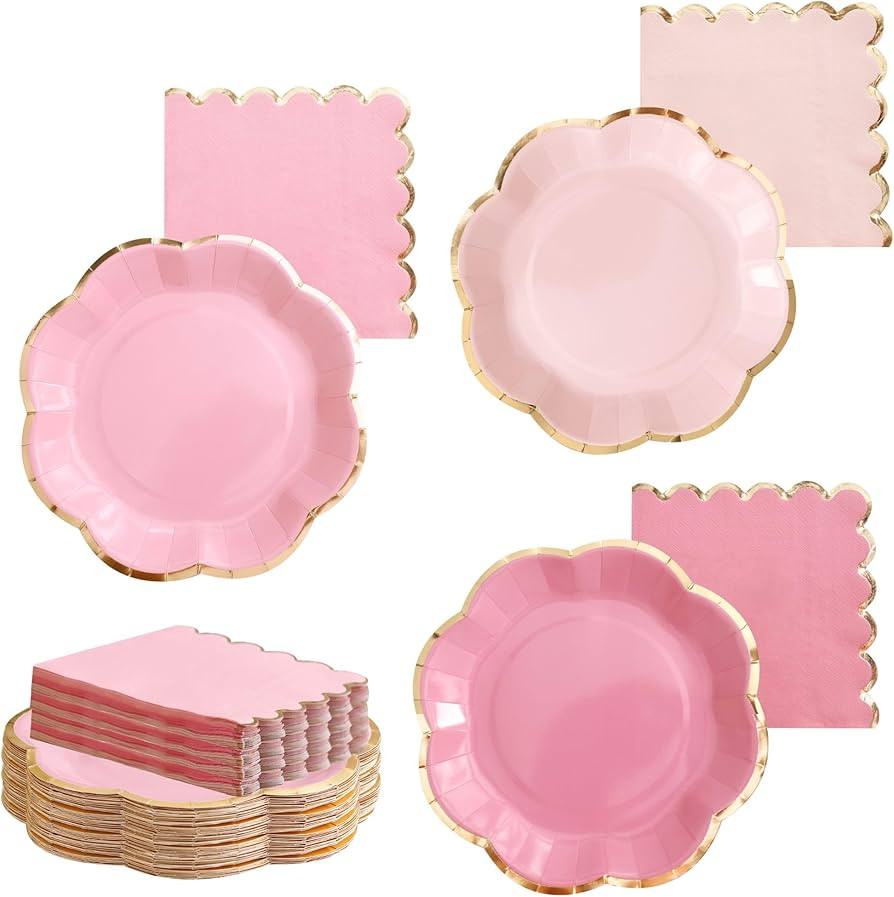 Winoo Design Pink Floral Plates and Napkins Disposable - 24 PK Pink Paper Plates and Paper Napkin... | Amazon (US)
