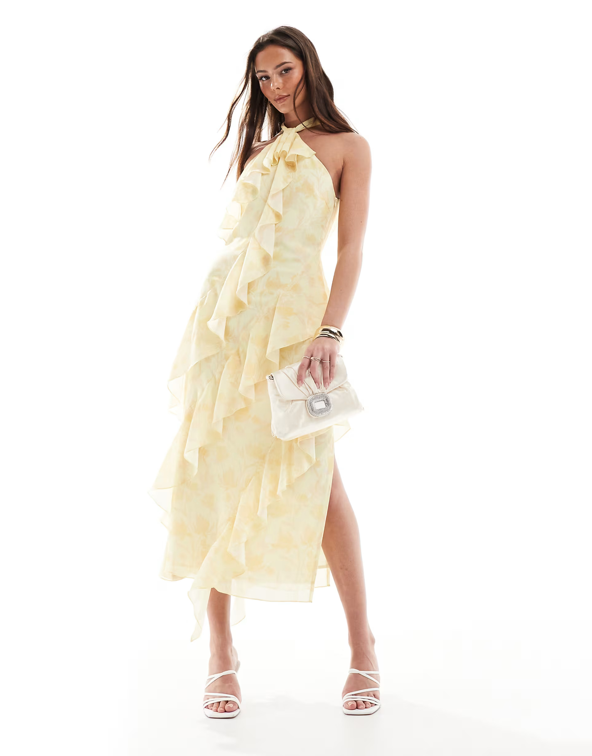 Pretty Lavish halterneck ruffle midaxi dress in lemon floral | ASOS (Global)
