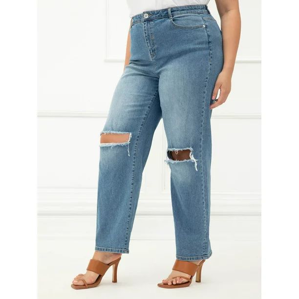 ELOQUII Elements Women's Plus Size Distressed Straight Leg Jeans | Walmart (US)