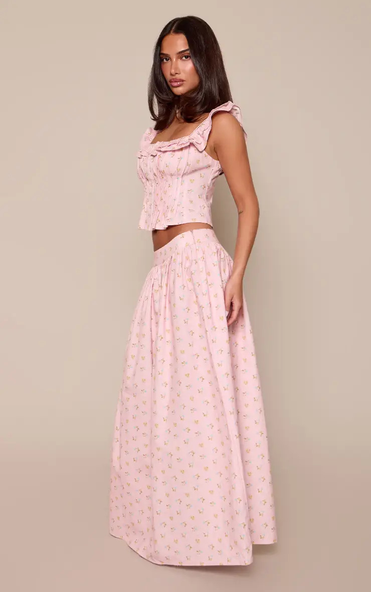 Baby Pink Petite Baby Pink Ditsy Print Cotton Pleated Maxi Skirt Co-ord | PrettyLittleThing | PrettyLittleThing UK
