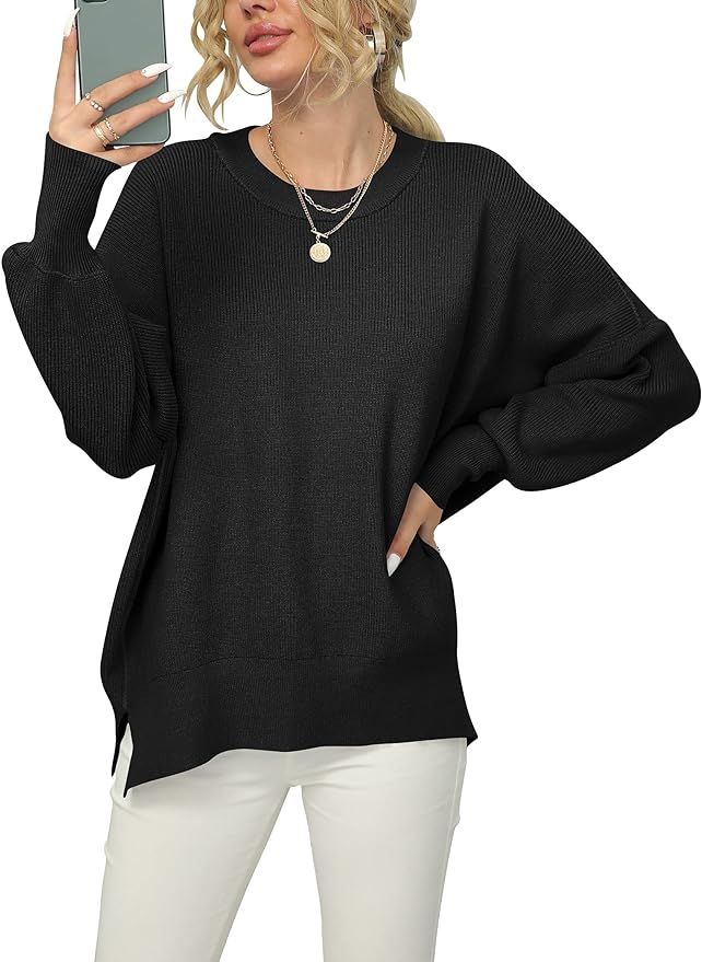 ANRABESS Women Crewneck Batwing Sleeve Oversized Side Slit Ribbed Knit Pullover Sweater Top | Amazon (US)