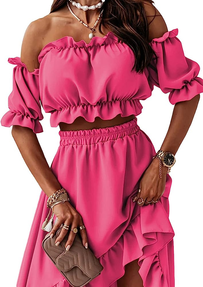 LYANER Women's Two Pieces Outfits Hot Pink Top Pink Skirt Outfit Long Maxi Skirt Outfit Set Outfits | Amazon (US)