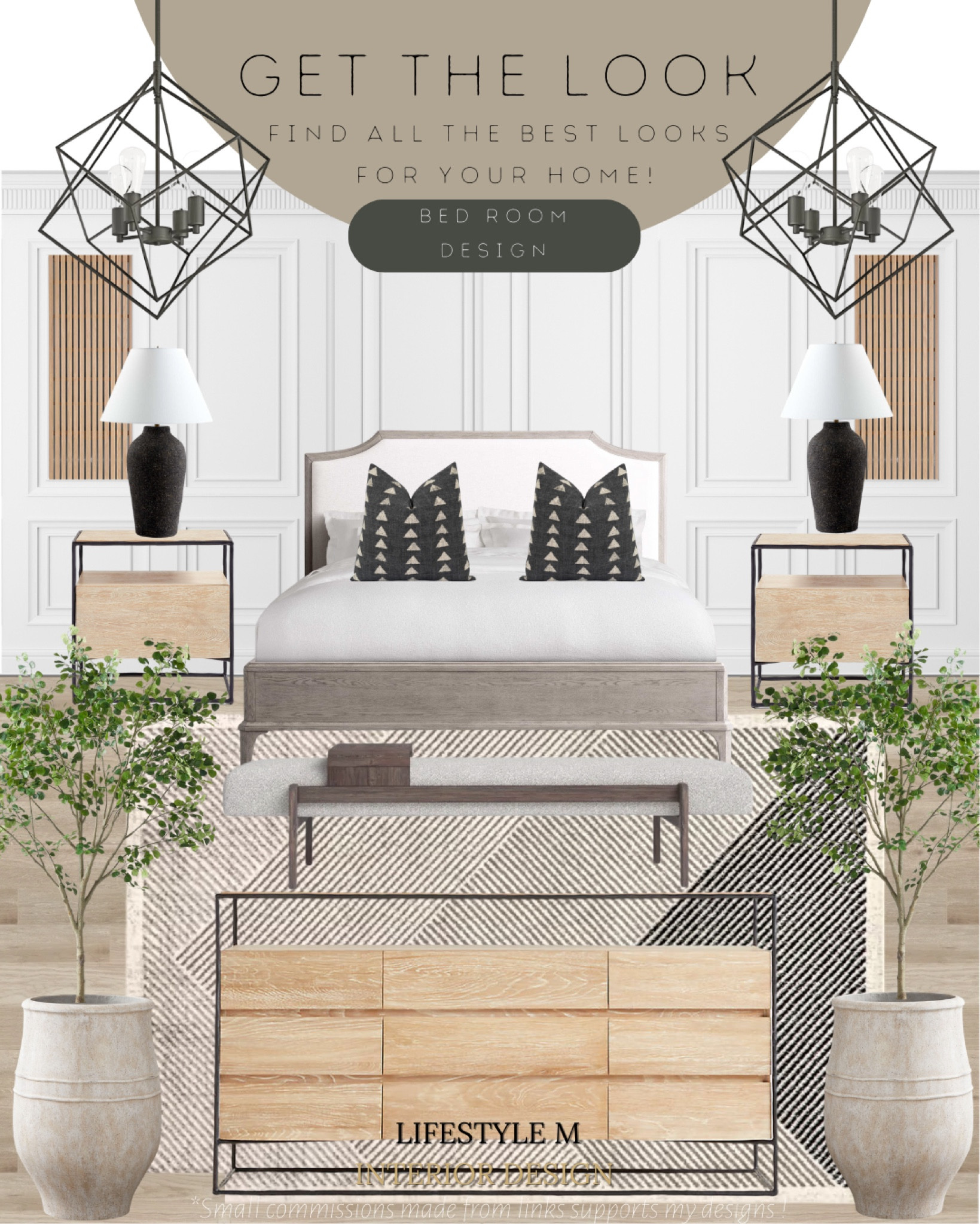 Modern farmhouse bed room idea. Recreate the look at home with these furniture and decor finds! Wood metal frame dresser, wood upholstered bench, wood bed frame, wood metal frame night stand, striped bedroom rug, black throw pillows, black table lamp, black bedroom pendant chandeliers, ceramic tree planter pot, faux fake tree.

#LTKstyletip #LTKhome #LTKFind