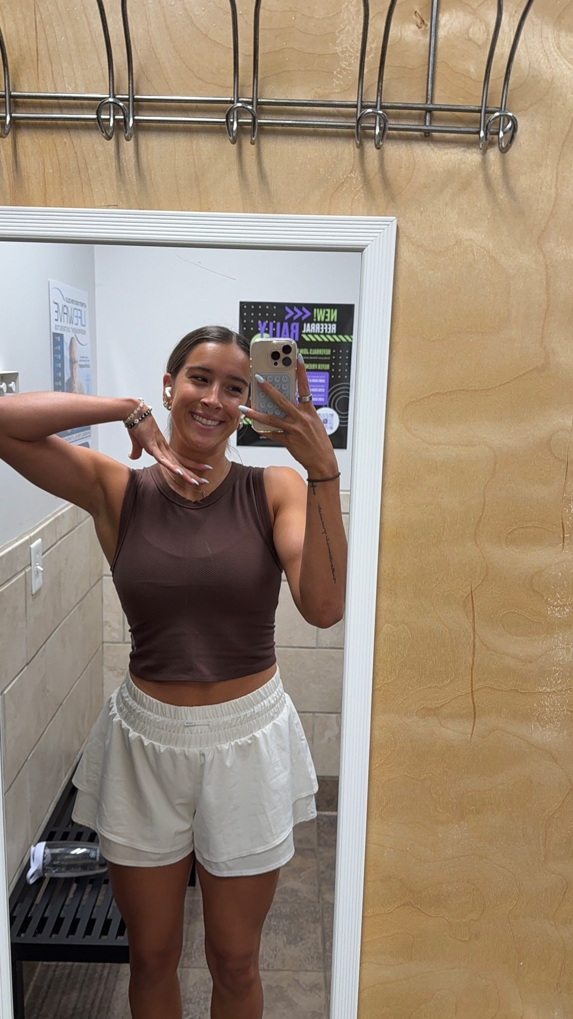 Free people top: size M 
Target shorts: size S
Lulu bra: size 8
On cloud shoes 
